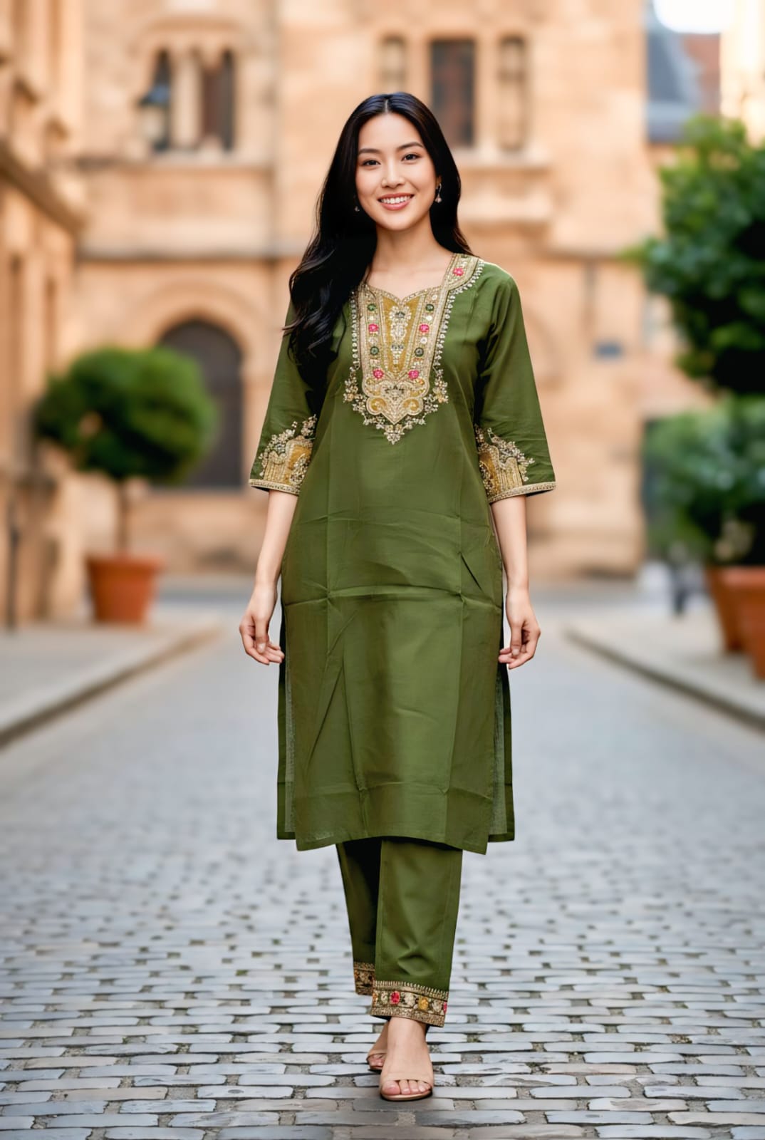 Rust Orange and Green Embroidered Suit Set with Printed Dupatta