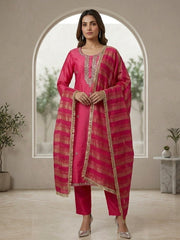 Beautiful Pink Shimmer Embroidered Kurta Set with Dupatta