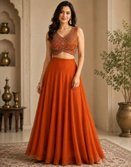 Rust Orange Embroidered Jacket Lehenga Set