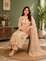 Elegant Beige Mul Chanderi Embroidered Kurta Set with Dupatta