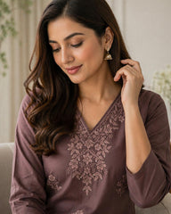 Mocha Brown Chikankari Rayon Kurta Set (Without Dupatta)