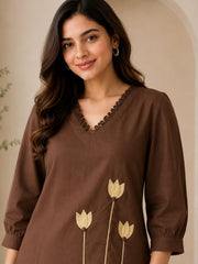 Elegant Chocolate Brown Ghicha Cotton Appliqué Co-ord Set