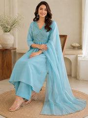 Beautiful Sky Blue Mul Chanderi A-Line Kurta Set with Dupatta