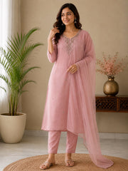 Dusty Rose Mul Chanderi Embroidered Kurta Set with Dupatta