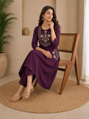 Beautiful Wine Dabu Cotton Embroidered Kurta Pant Set with Floral Pocket Detailing