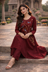 Maroon Cotton A-Line Kurta Set with Ajrakh Applique & Handwork Detailing