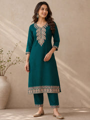 Teal Green Vichitra Silk Kurta Set with Golden Jari, Cutdana & Beads Embroidery
