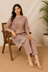 Elegant Beige Mul Chanderi Embroidered Co-ord Set