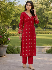 Elegant Red Dola Silk Embroidered Kurta Set with Dupatta