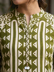 Elegant Olive Green Rayon Coord Set with Ethnic Geometric Print