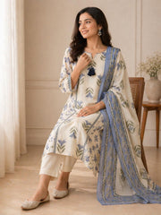 Elegant White & Blue Cotton Kota Doria Style Kurta Set with Dupatta