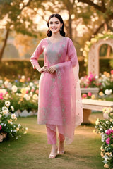 Elegant Pink Embroidered Kurta Set with embroidred Organza Dupatta