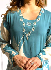 Teal Blue Rayon Co-ord Set with Artistic Leaf Print