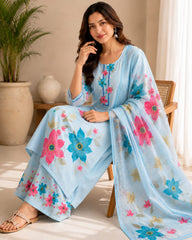 Graceful Sky Blue Floral Printed Linen Kurta Set with Dupatta for Women