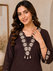 Classic Chocolate Brown Cotton Cut Work Kurta Set with Dupatta