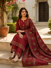 Maroon Cotton Kurta Set with Printed Dupatta