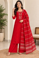 Vibrant Red Roman Silk Embroidered Kurta Pant Set with Dupatta