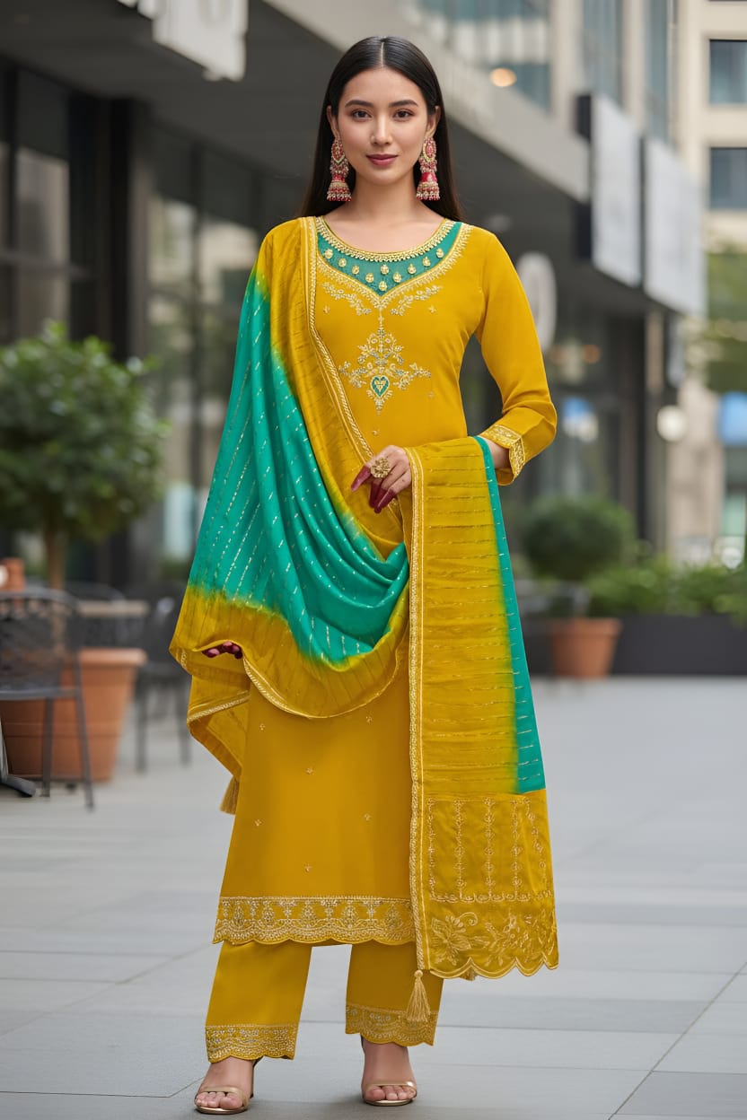 Heavily Embroidered Silk Suit Set with Dupatta-Yellow