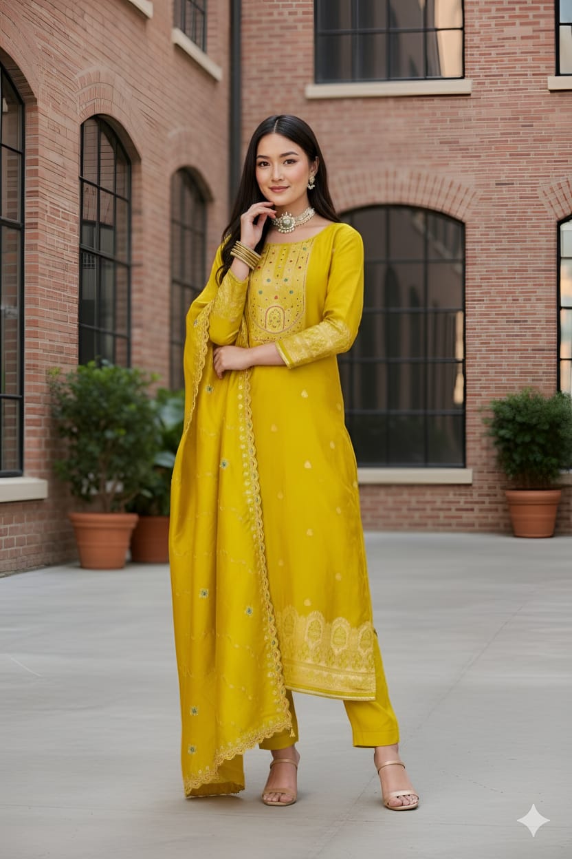 Pure Dola Russian Jacqard with Khatli Handwork Suit Set and Chanderi Silk Heavy Dupatta