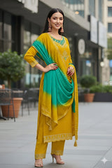Heavily Embroidered Silk Suit Set with Dupatta-Yellow