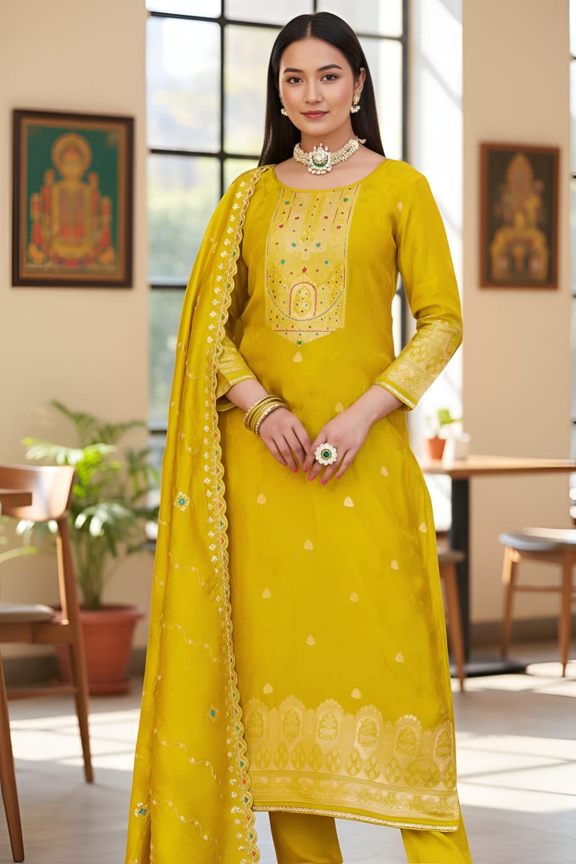 Pure Dola Russian Jacqard with Khatli Handwork Suit Set and Chanderi Silk Heavy Dupatta