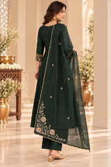 Elegant Bottle Green Dola Silk Embroidered Suit Set with Dupatta