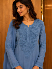 Powder Blue Handwork Chikankari Kurta Set with Chiffon Dupatta