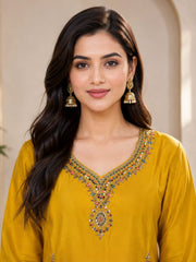Yellow Roman Silk Mirror Work Kurta Set with Dupatta