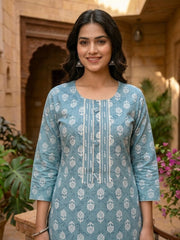 Elegant Teal Printed Cotton Kurta Set with Dupatta
