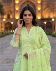 Pastel Green Mul Cotton Kurta Set with Embroidered Pockets