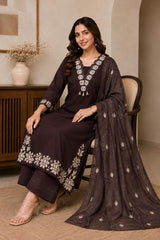 Classic Chocolate Brown Cotton Cut Work Kurta Set with Dupatta