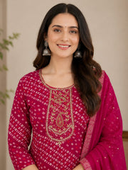 Beautiful Rani Pink Bandhani Print Rayon Kurta Set with Embroidered Neckline & Dupatta