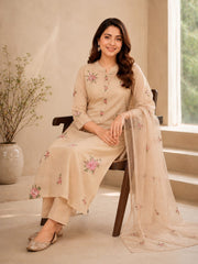 Beige Mul Chanderi Floral Embroidered Kurta Set with Dupatta