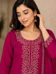 Beautiful Rani Pink Chinon Embroidered Kurta Set with Dupatta