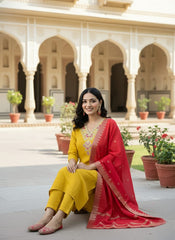 Sunshine Yellow Roman Silk Kurta Set with Embroidered Neck & Red Dupatta