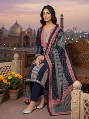 Navy Blue Cotton Printed Kurta Set with Dupatta