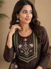 Brown Embroidered Dabu Cotton A Line Kurta Set with Embroidered Side Pockets