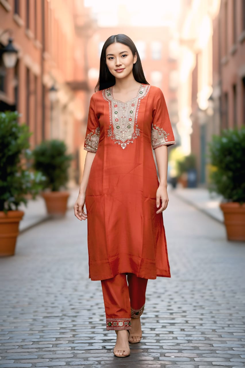 Rust Orange and Green Embroidered Suit Set with Printed Dupatta
