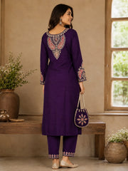 Royal Purple Vichitra Silk Kurta Set with Embroidered Dupatta & Potli Bag
