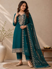 Teal Green Vichitra Silk Kurta Set with Golden Jari, Cutdana & Beads Embroidery