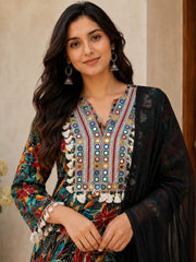 Floral Mirror Work Rayon Kurta Set with Farsi Bottom & Chiffon Dupatta