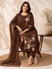 Chocolate Brown A-Line Cotton Embroidered Kurta Set with Dupatta