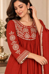 Beautiful Rust Mul Chanderi Embroidered Anarkali Suit Set