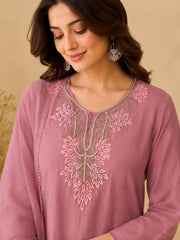 Dusty Rose Mul Chanderi Embroidered Kurta Set with Dupatta