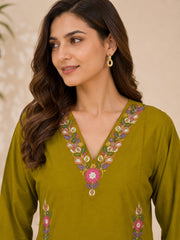 Olive Green Cotton Embroidered Kurta Set with Dupatta