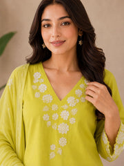 Lime Green Cotton Embroidered Kurta Set with Dupatta