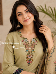 Sage Green Linen Kantha Embroidered Kurta Set with Printed Dupatta