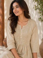 Beige Cotton Embroidered Kurta Set with Dupatta