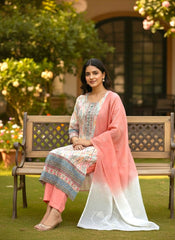 Peach & Ivory Chikankari Kurta Set with Ombre Dupatta