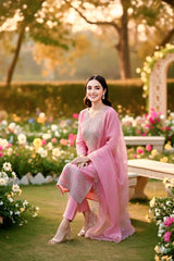 Elegant Pink Embroidered Kurta Set with embroidred Organza Dupatta